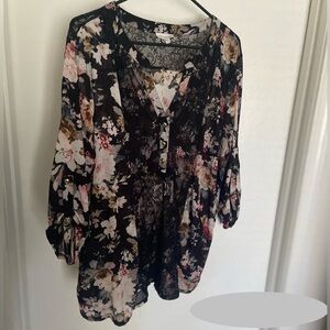 Siren Lily Black and Pink Graphic Blouse with Lace Detail